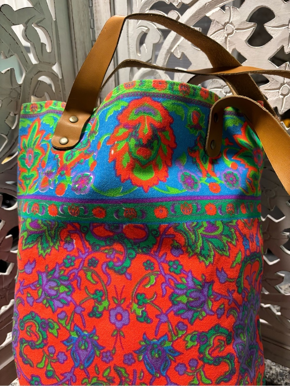 Colorful Floral Canvas Tote Bag with Leather Handles - Picture 4 of 11